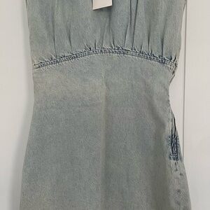 Zara Denim Mini Dress Sleeveless Gathered Shoulder Round Neck Size Medium NWT